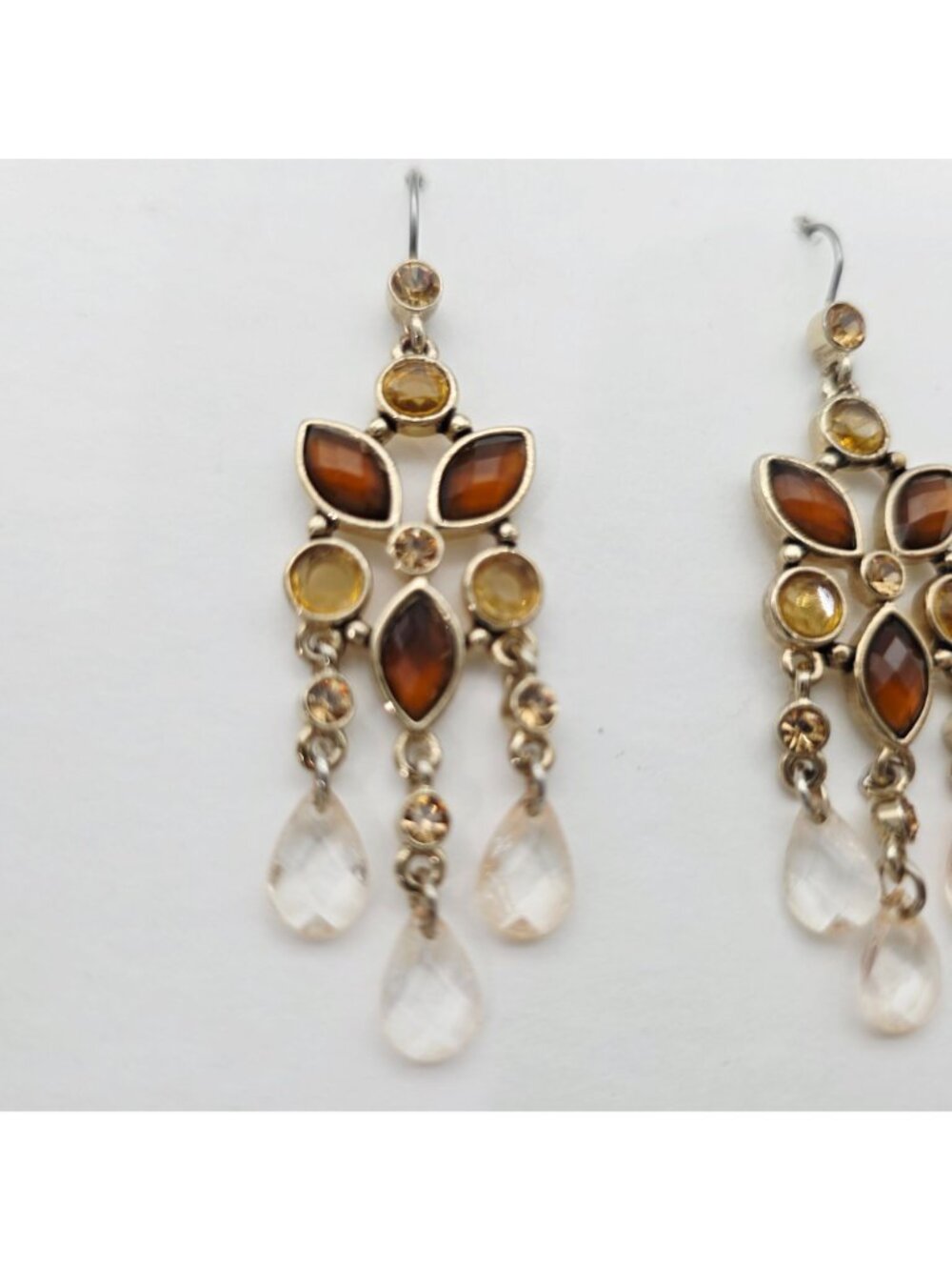 Gold Tone Earrings Faceted Citrine Color Crystals and Briolette Chandelier - Picture 2 of 5